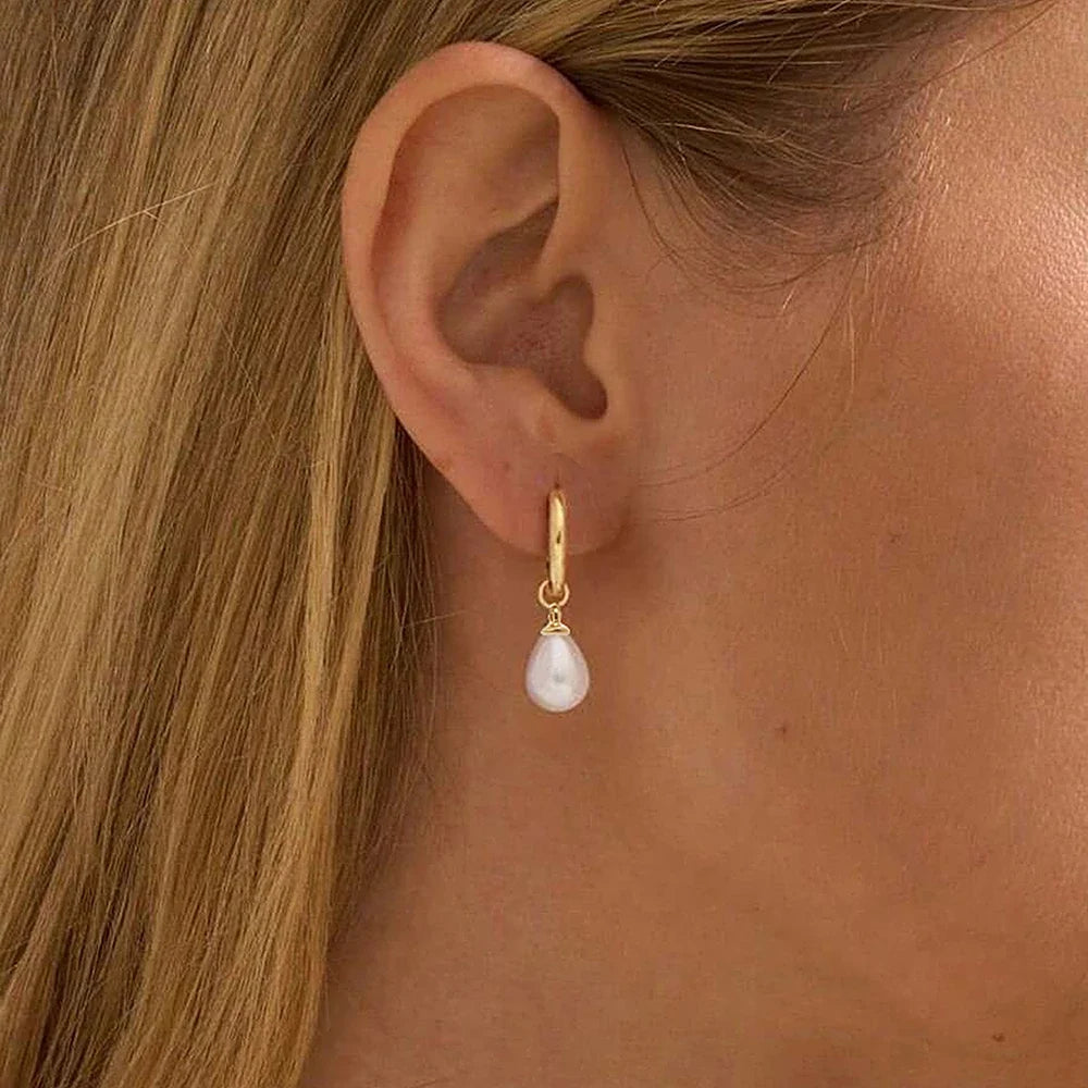 Stainless Steel Teardrop-Shaped Imitation Pearl Pendant Earrings Women's Everyday Commute Elegant Style Ear Jewelry Accessories