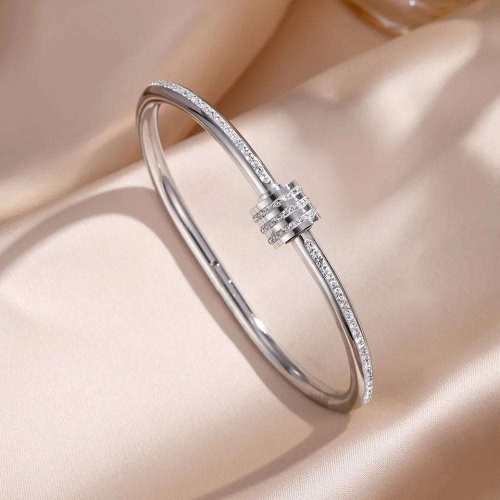 Yupsk Titanium Steel Couple's Bracelet Shiny Zircon Inlaid Stainless Steel Bangles Gold/Silver Color Female Jewelry Gift