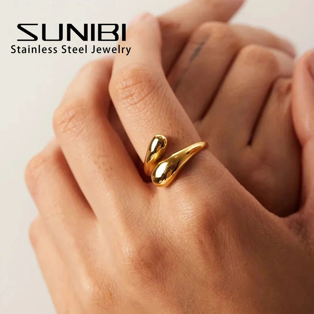 SUNIBI Double Opening Ring for Woman Golden Glossy Feather Design Ring 316 Stainless Steel Women's Fashion Jewelry Wholesale