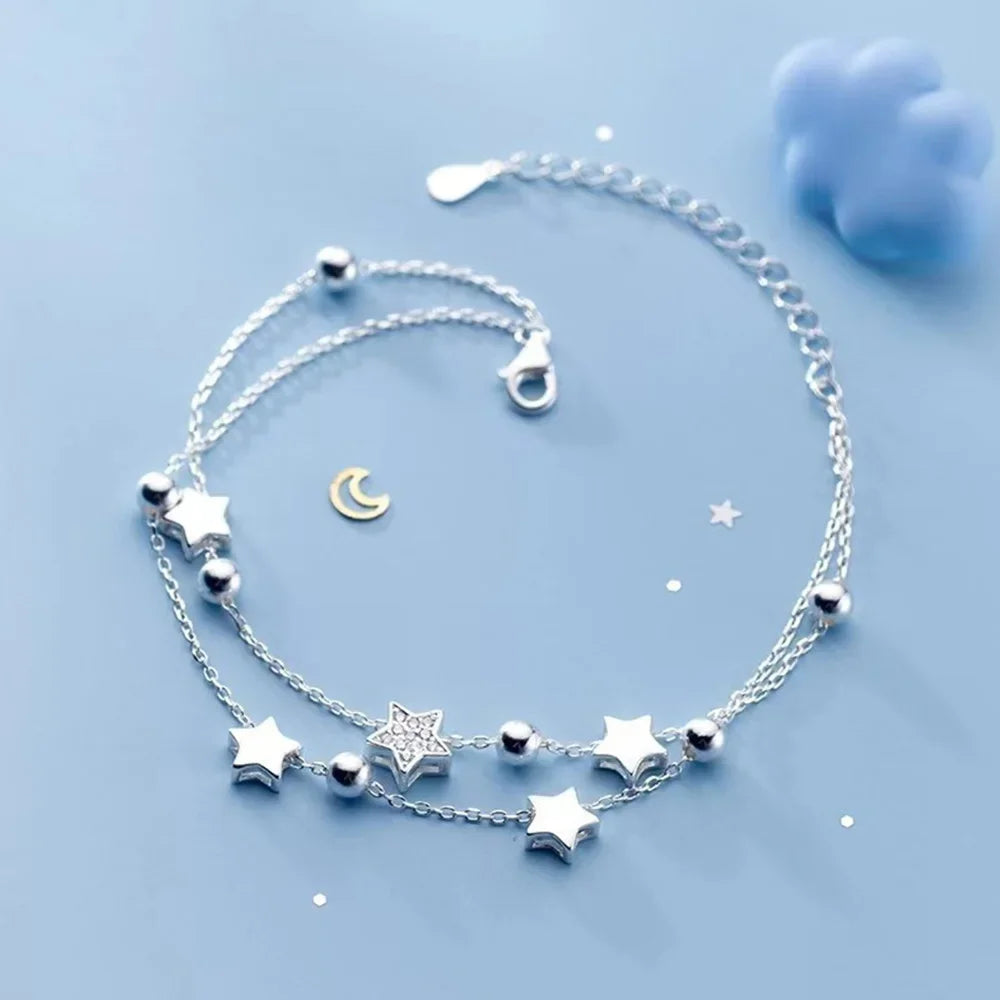 925 Stamp Silver Color Star Bracelet Fashion Korean Five-pointed Stars Crystal Double Bracelet Dropshipping Wholesale