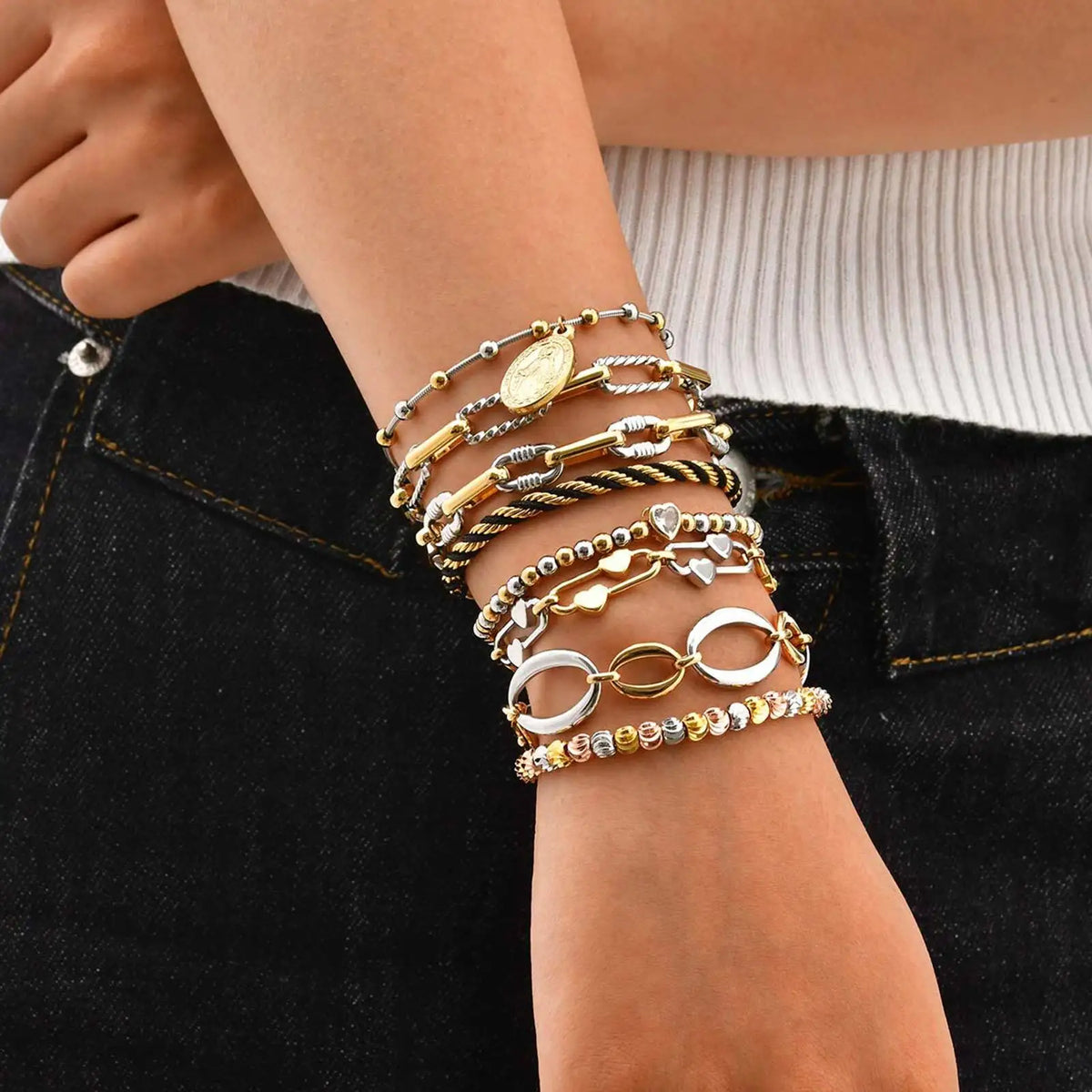 Two Tone Chain Bracelet for Women, Chunky Mixed Metal Link, Stainless Steel Waterproof Jewelry, Stylish Adjustable Wristband
