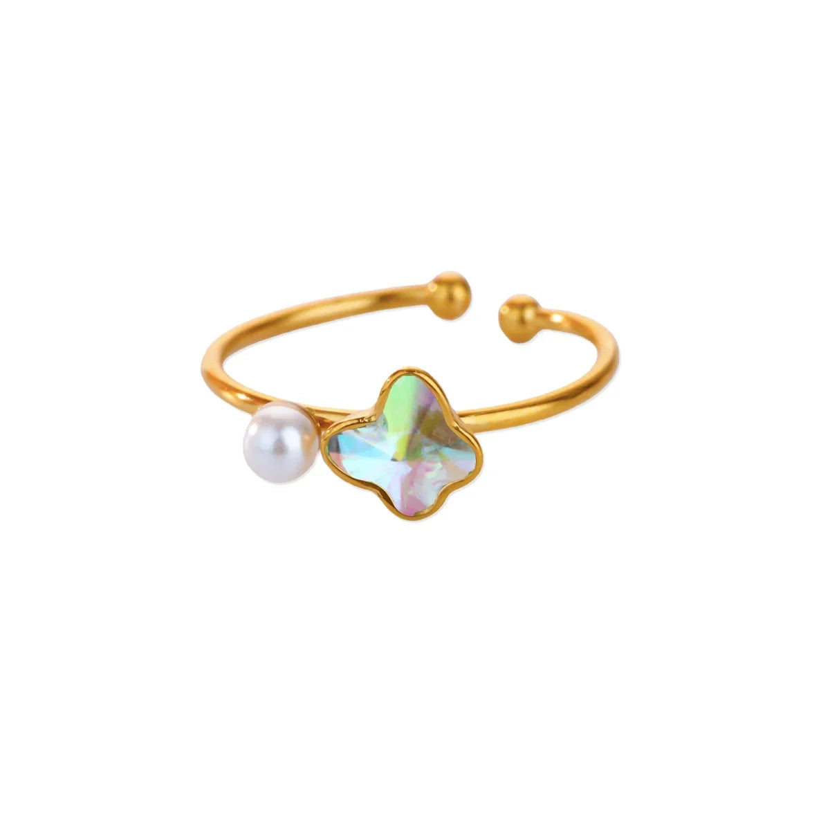 Stainless Steel Four Leaf Clover Rings For Women Gold Color Zircon Opening Couple Ring Aesthetic Wedding Bohemian Jewelry Gift