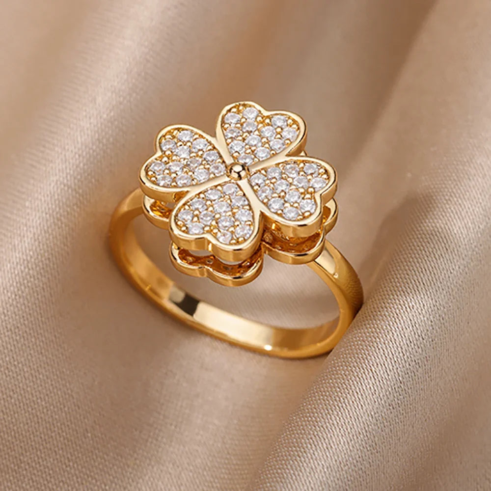 Fashion Zircon Sun Flower Rings For Women Stainless Steel Gold Color Geometric Ring Trendy Wedding Party Aesthetic Jewelry Gifts