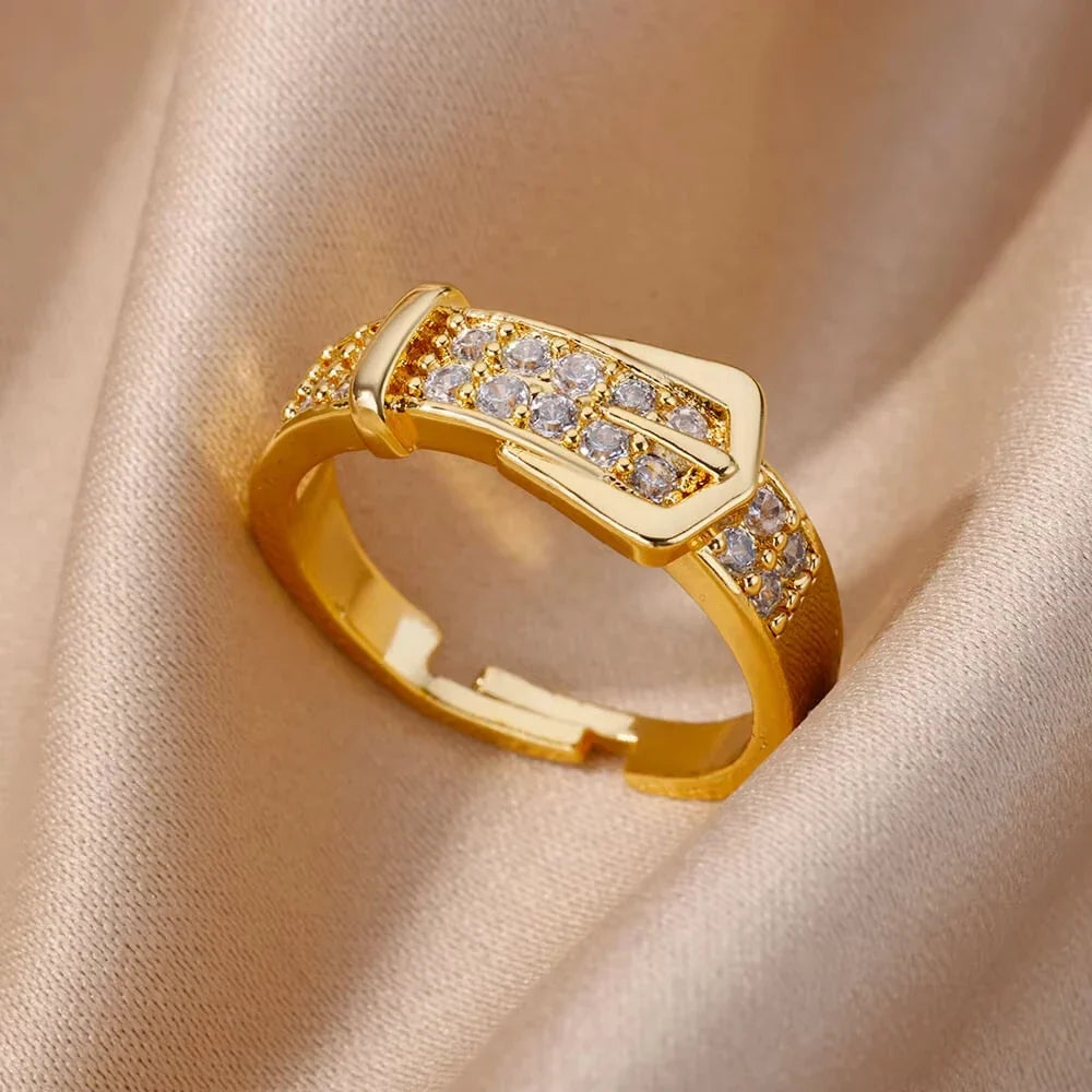 Fashion Zircon Sun Flower Rings For Women Stainless Steel Gold Color Geometric Ring Trendy Wedding Party Aesthetic Jewelry Gifts
