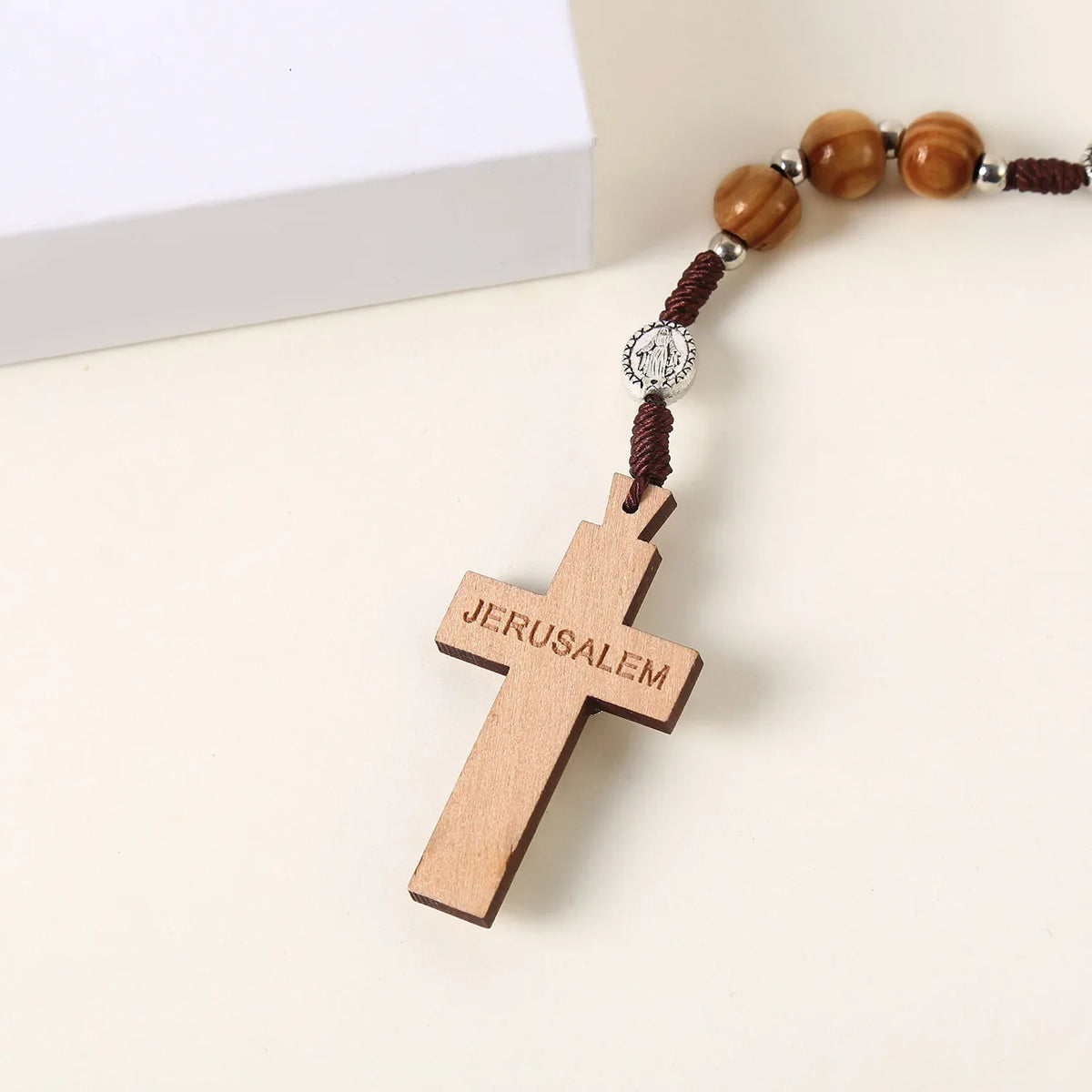 Wooden Rosary Necklace For Women Men Christian Cross Pendant 10MM Long Wood Beads Chain Fashion Religion Prayer Jewelry