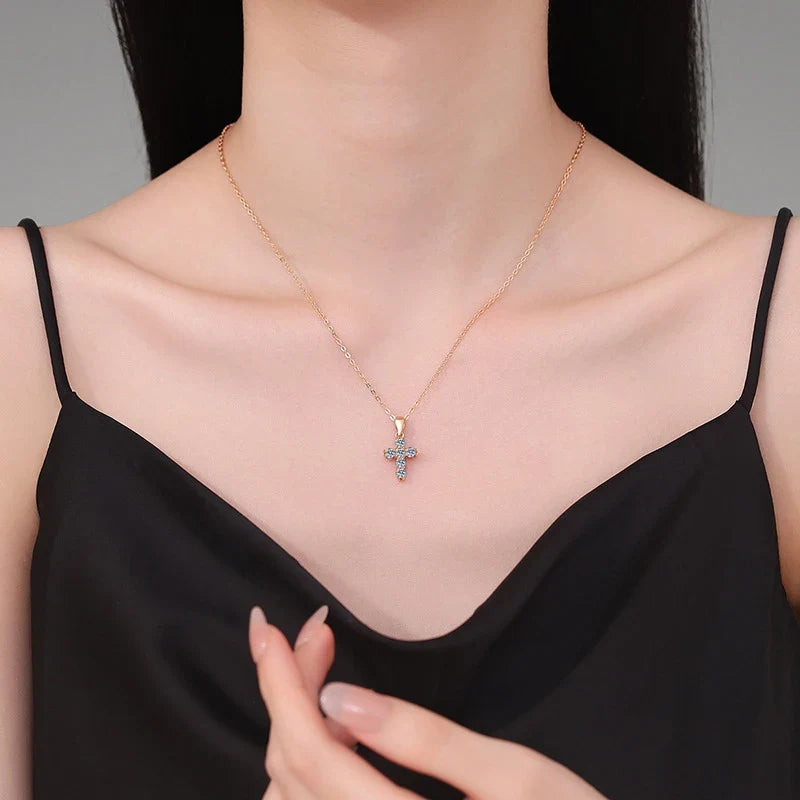 NeeTim 3mm D VVS1 Moissanite Cross Necklace for Women Lab Diamond Sterling Silver 925 Wedding Pendant Certified Necklaces
