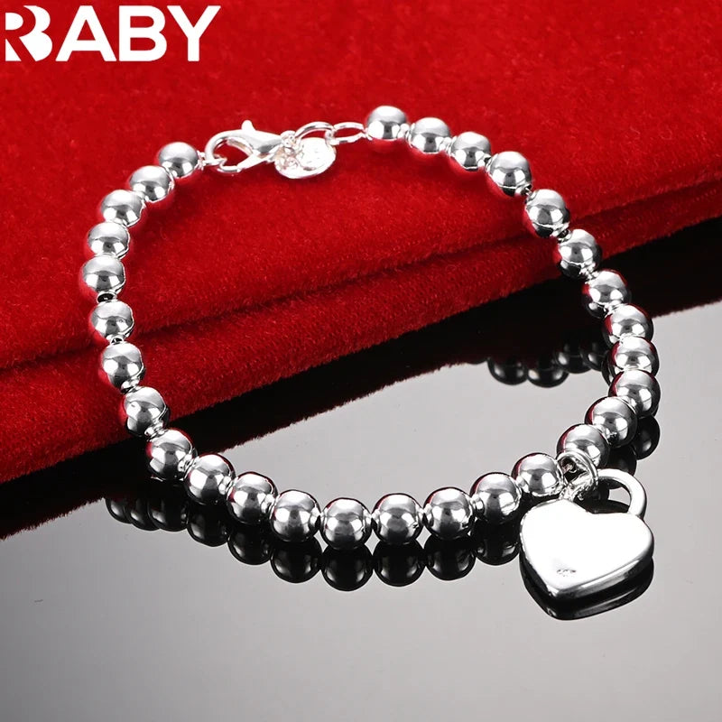 URBABY 925 Sterling Silver Smooth Beads Chain Heart Pendant Bracelet For Woman Wedding Party Fashion Jewelry Gift