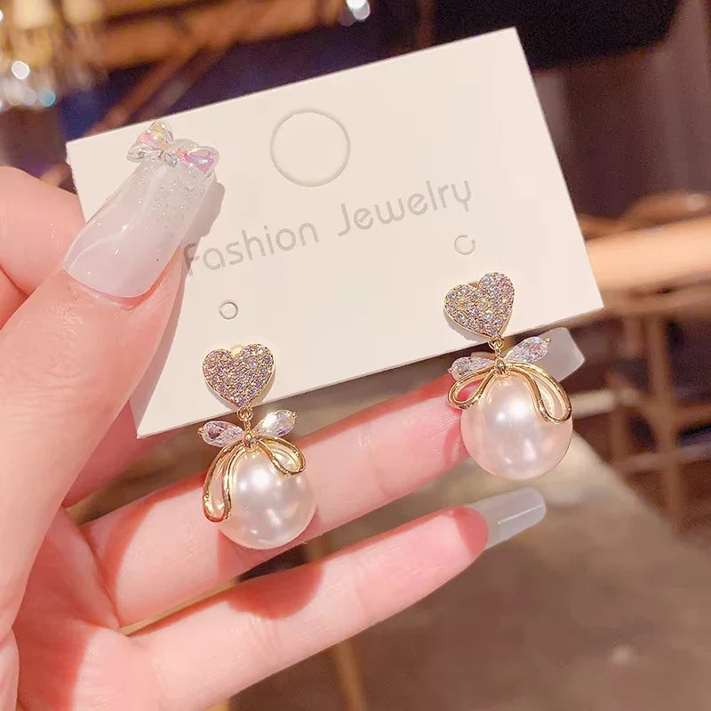Korean Heart Drop Earrings For Women Girl Romantic Valentine's Day Gift Fashion Jewelry Trend Hanging Pearl Cute Bowknot Earring