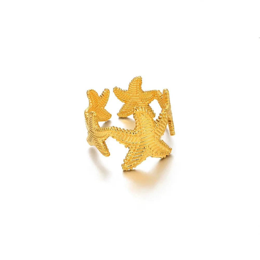316L Stainless Steel Starfish Shell Rings for Women Gold Color Open Finger Ring Femme Trendy Summer Vacation Ocean Jewelry Gift