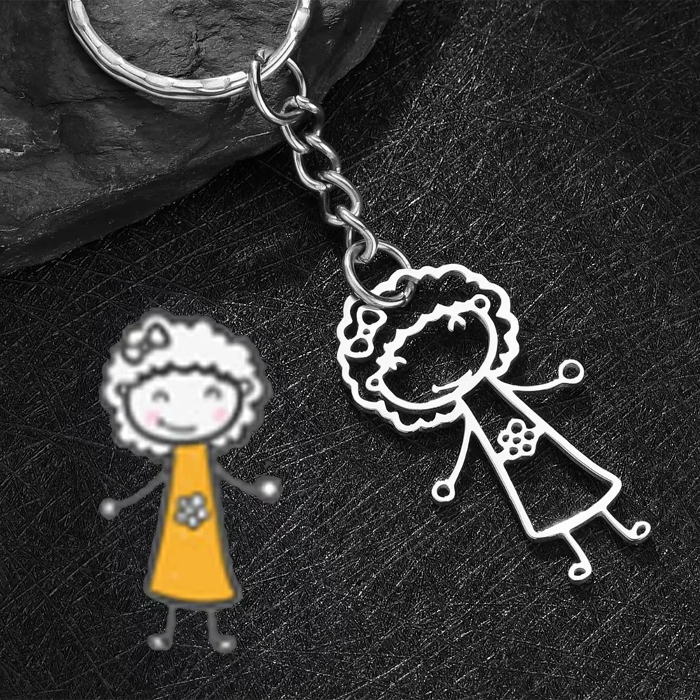 Custom Stainless Steel Children Drawing Pendant Keychain Kids Artwork Personalized Photo Logo Keyring Key Chains Jewelry Gifts