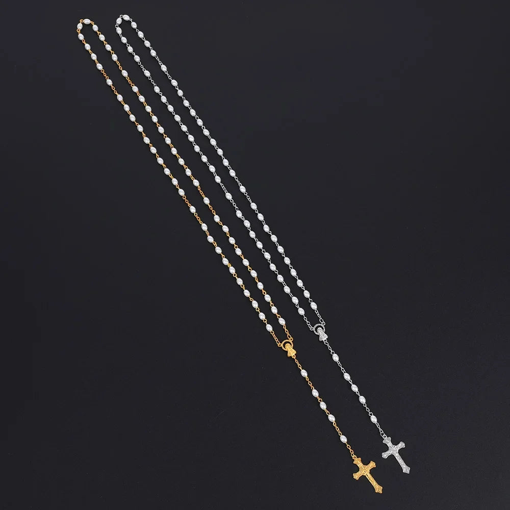 White Oval Pearl Rosary Necklace For Women Catholic Religious Crucifix Cross Pendant Gold Silver Color Chain Men Prayer Jewelry