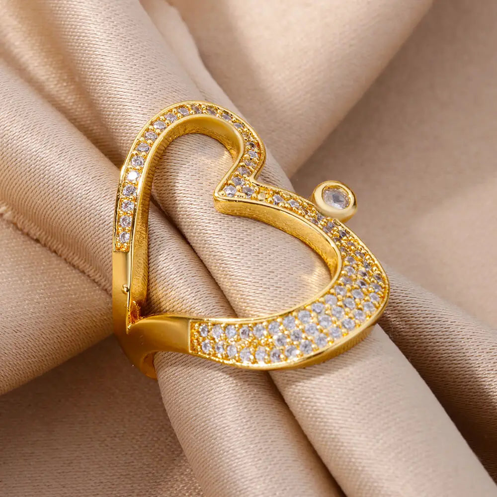 Stainless Steel Heart Rings For Women Gold Color CZ Crystal Zircon Open Finger Ring Wedding Aesthetic Jewerly Gift anillos