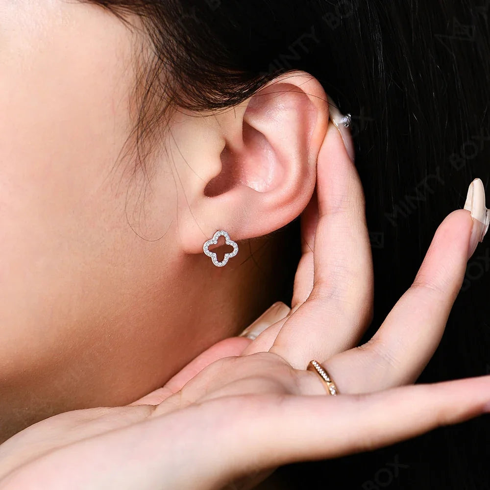 MINTYBOX S925 Sterling Silver Moissanite Diamond Stud Earrings for Women Clover 18k White Gold Plated Flower Wedding Fine Jewelr