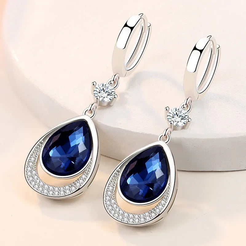 925 Sterling Silver Jewelry Oval Gemstones Water Drop Shaped Earrings for Women Emerald Sapphire Zircon Engagement Ear Drops