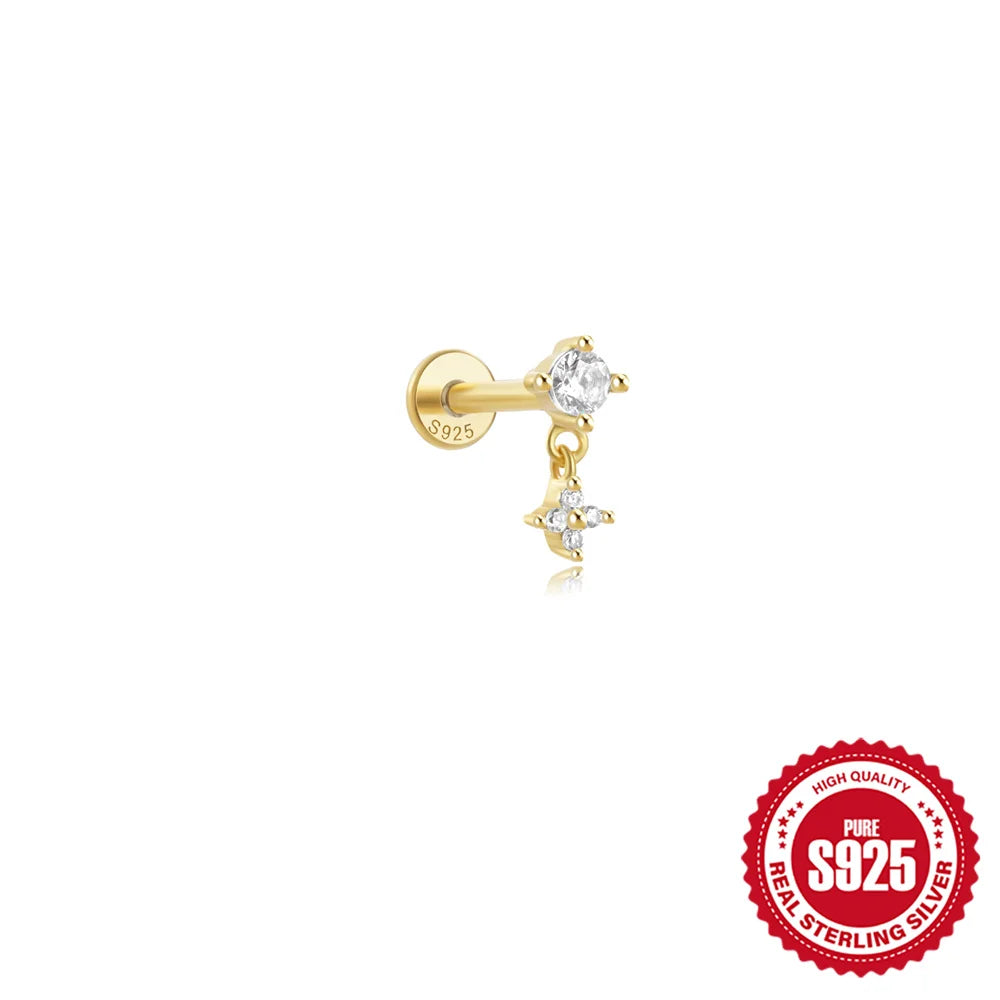 CANNER 1PC Four Pointed Star Moon Tassel Lotus Cartilage Spiral Puncture 925 Sterling Silver Stud Earring For Women Ins Earring