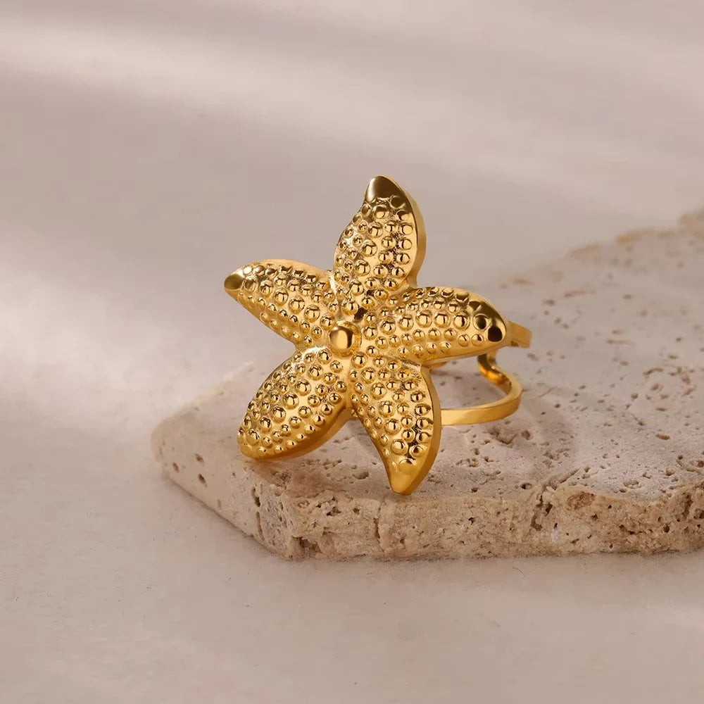 316L Stainless Steel Starfish Shell Rings for Women Gold Color Open Finger Ring Femme Trendy Summer Vacation Ocean Jewelry Gift