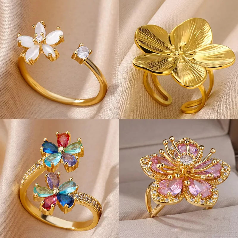 Colored Zircon Double Flower Rings For Women Gold Plated Stainless Steel Flower Opening Ring Wedding Aesthetic Jewelry Gift 2023