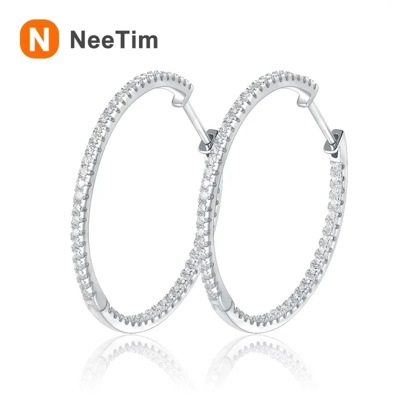 NeeTim Full D Color Moissanite hoop Earrings for Women 925 Sterling Silver with White Gold Plated Ear Studs Fine Jewelry Gift