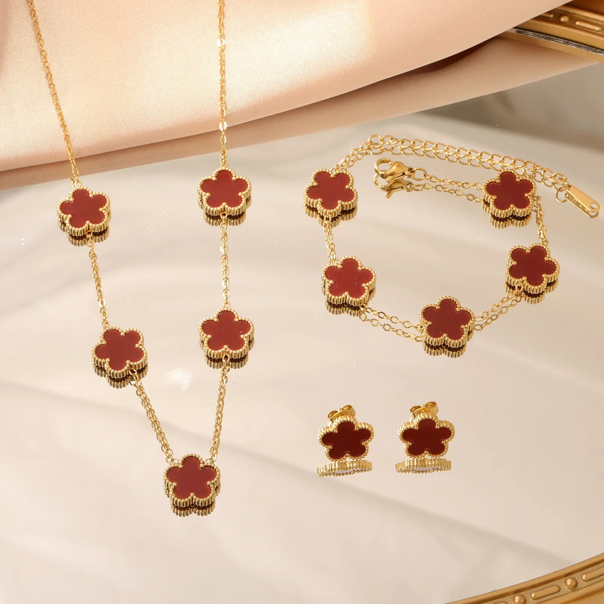 LUXUKISSKIDS Fashion Flower Necklace Earrings Set Jewelry Women Stainless Steel White Shell Clover Bracelet Jewelry Accessories