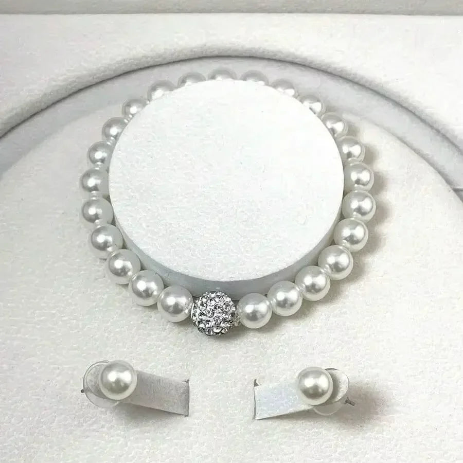 3 PCS Imitation Pearl Fireball Necklace Bracelet Earring Stud Jewelry Set Silver Color Crystal Stone Elegant Bridal Jewelry Gift