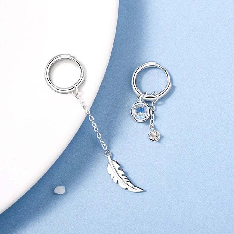 VENTFILLE 925 Sterling Silver Asymmetric Feather Earrings White Moonstone Pendant Earrings Ladies Gifts Handmade Jewelry