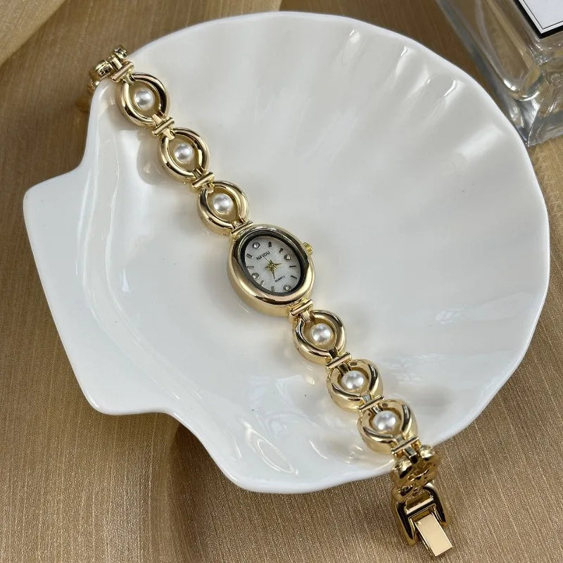 Luxury Pearl Inlaid Bracelet Watch Fashion Women Quartz Watch Brand Oval Dial Dress Wristwatches Dropshipping Relojes Para Mujer