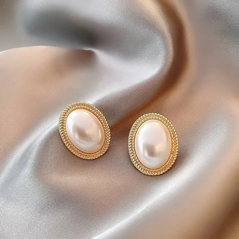 Imitation Pearl Zircon Retro Elegant Irregular Oval Square Hollow Out Earrings for Women Party Autumn Winter Jewelry