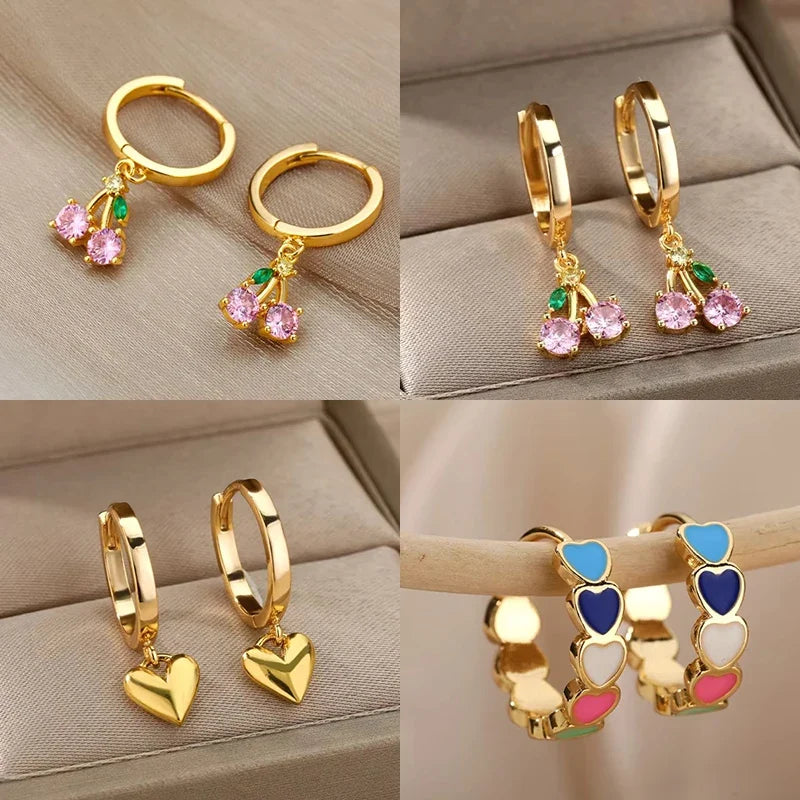Crystal Fruit Cherry Drop Earrings For Women Stainless Steel Pink Cherry Earring Femme Fairy Fashion Boho Jewerly Gift 2023
