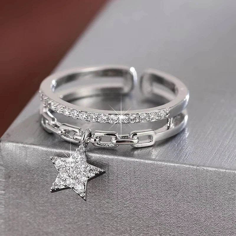 Shinny Rhinestone Gold Color Chain Star Pendant Open Rings Korean Style Woman Fashion Jewelry Wedding Party Girl's Trendy Ring