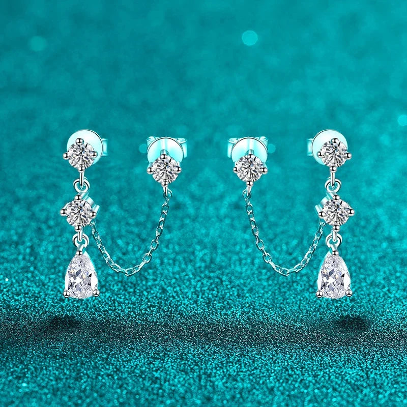 NeeTim Full Moissanite Stud Chain Earrings for Women Sparkling Lab Diamond Earring 925 Sterling Silver Women's Earrings Jewelry