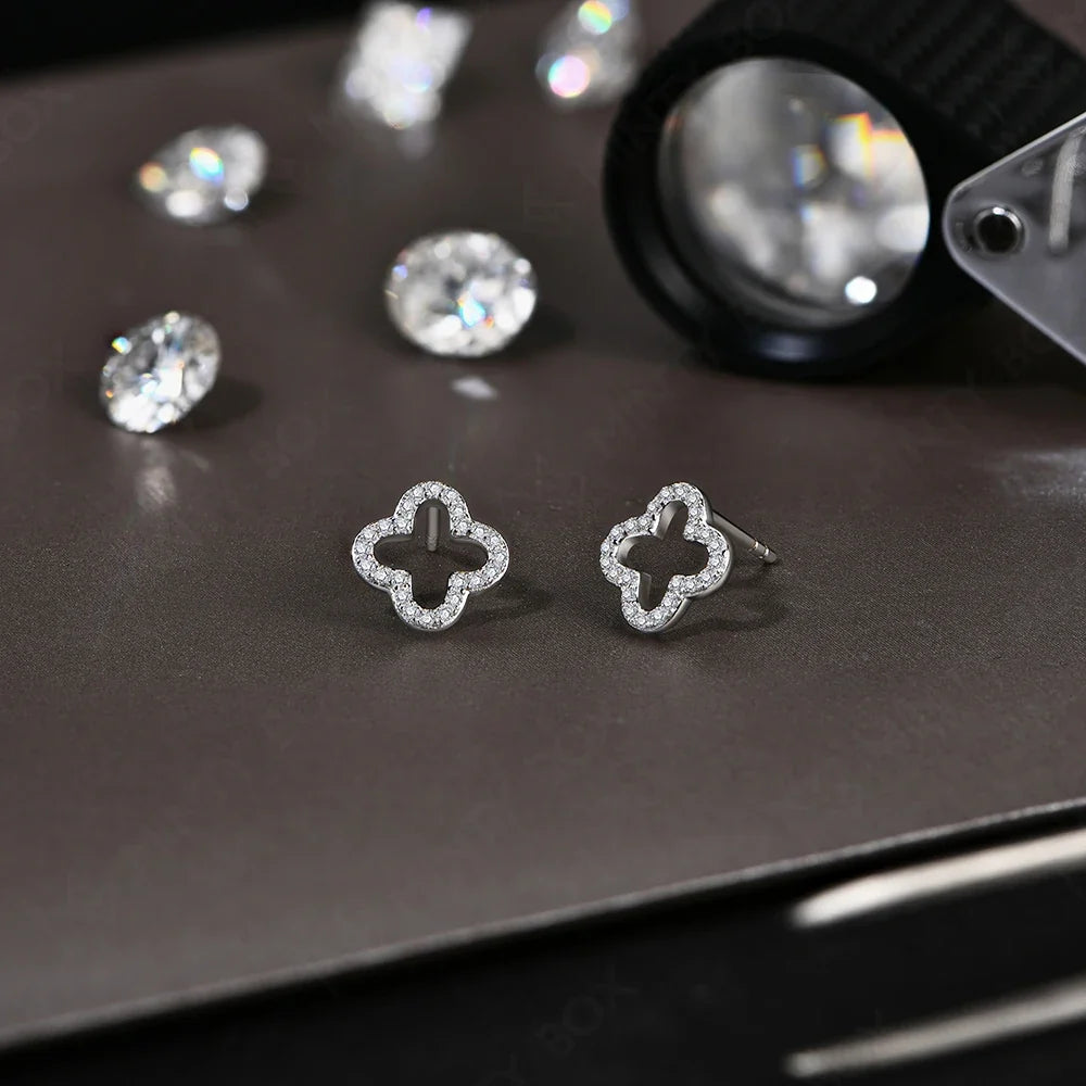 MINTYBOX S925 Sterling Silver Moissanite Diamond Stud Earrings for Women Clover 18k White Gold Plated Flower Wedding Fine Jewelr