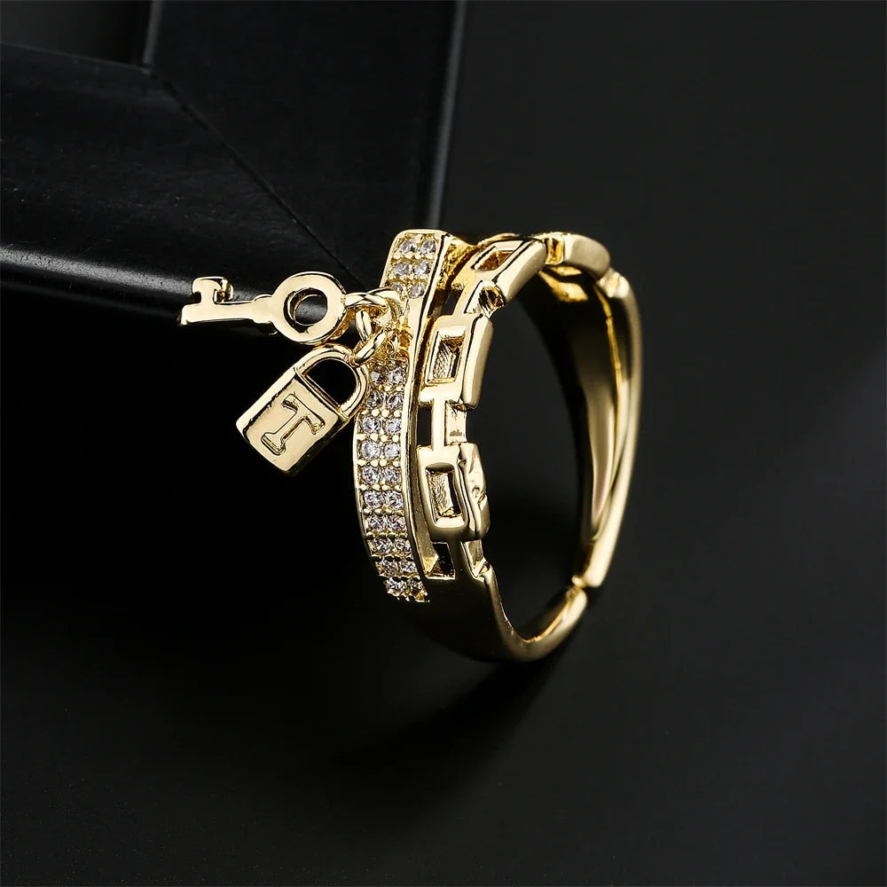 NEWBUY Fashion Gold Color Copper Wedding Jewelry Luxury AAA CZ Zircon Lock & Key Charm Finger Ring Adjustable For Women Girl