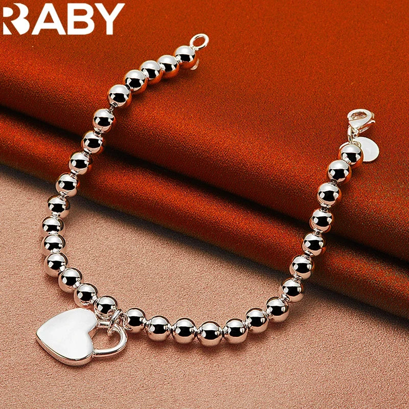 URBABY 925 Sterling Silver Smooth Beads Chain Heart Pendant Bracelet For Woman Wedding Party Fashion Jewelry Gift
