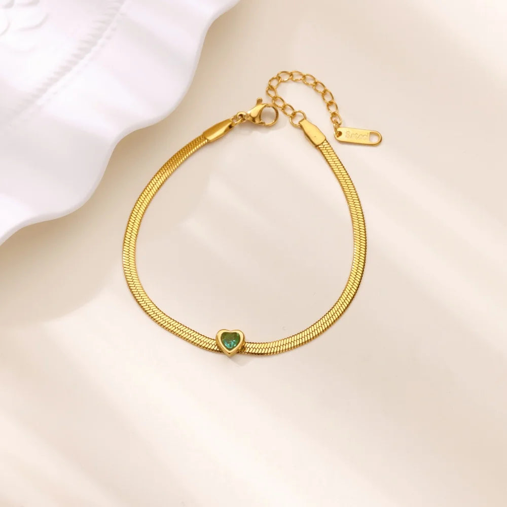 Zircon Birthstone Heart Bracelets For Women Gold Color Stainless Steel Heart Bracelet Wedding Birthday Luxury Jewelry Gift