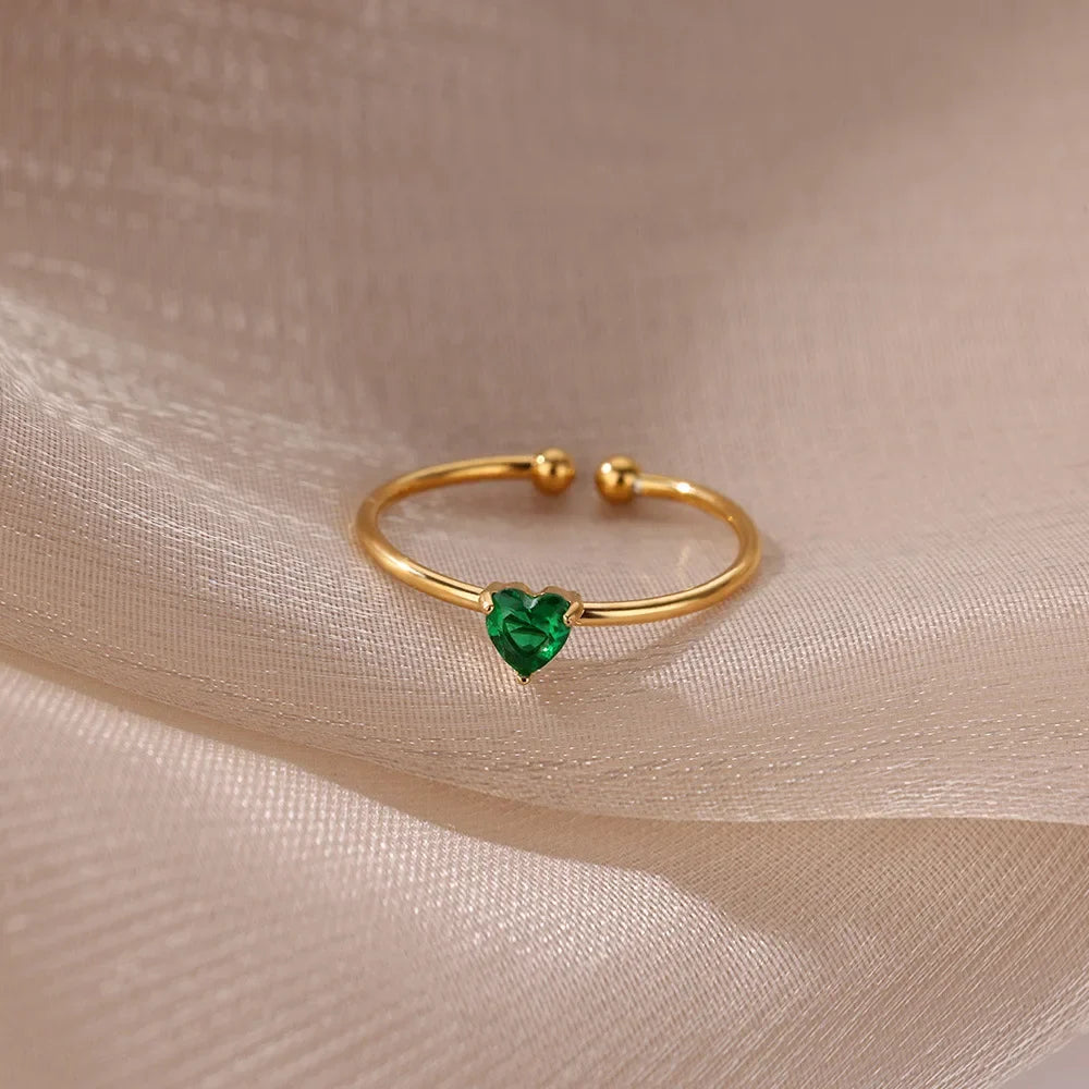 Stainless Steel Birthstone Open Rings for Women Fashion 12-color Crystal Zircon Heart Ring Birthday Aesthetic Jewelry Gift