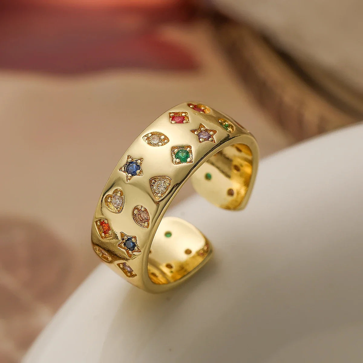 NEWBUY 2024 New Fashion Gold Color Colourful AAA CZ Zircon Inlay Jewelry Open Design Wedding Bands Rings For Women Girl