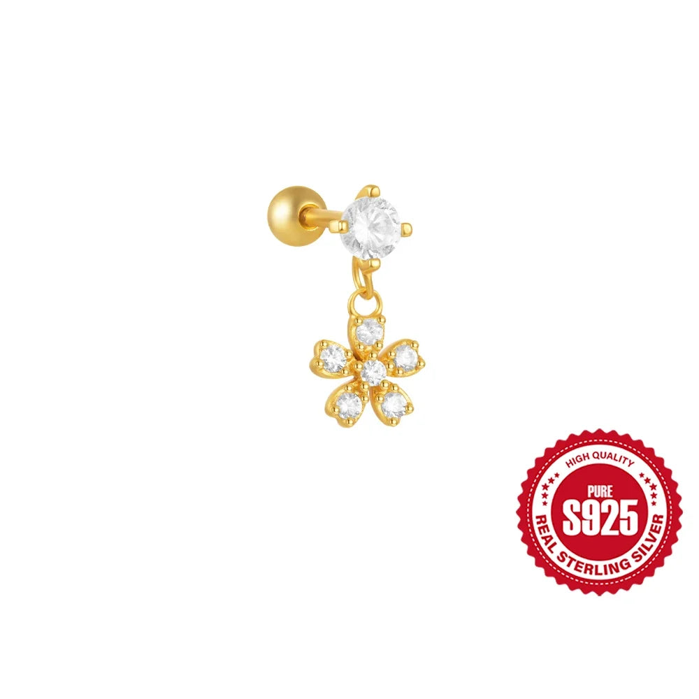 CANNER 1PC Four Pointed Star Moon Tassel Lotus Cartilage Spiral Puncture 925 Sterling Silver Stud Earring For Women Ins Earring