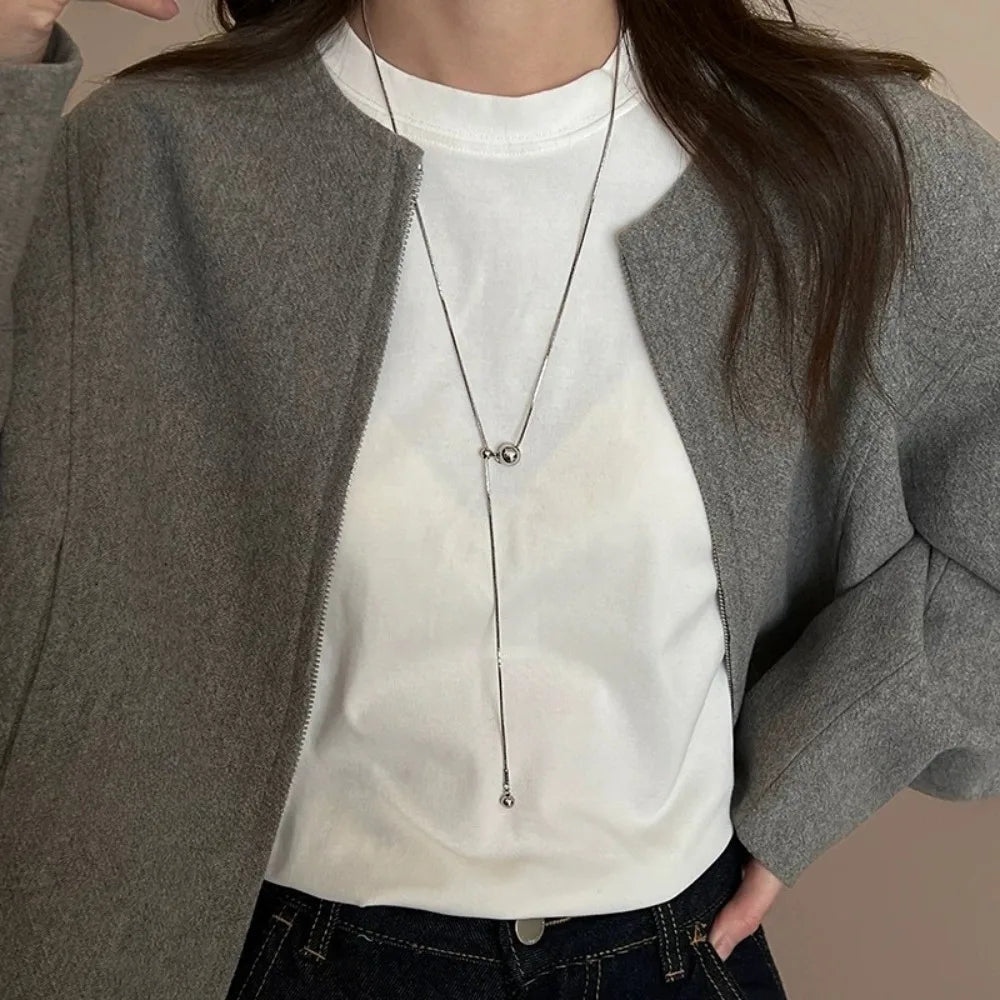 Personality Design Silver Color Stainless Steel Beaded Ball Pendant Necklace for Women Double Layer Hip Hop Rock Chokers Jewelry