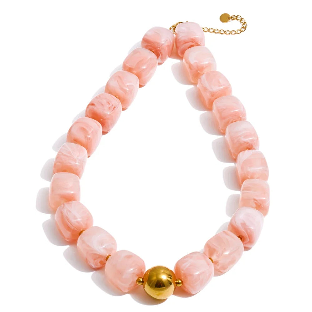 Yhpup Acrylic Square Beads Chain Necklace Bracelet Bangle Stainless Steel Handmade Jewelry Waterproof Green Khaki Pink Amber