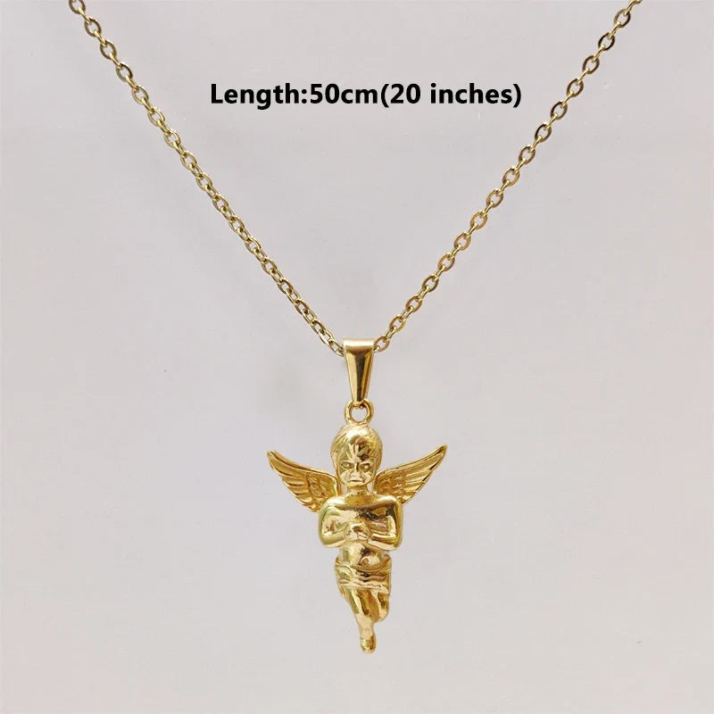 18K Gold Plated 3d Solid Angel Charm Stainless Steel Religious Cupid Angel Pendant Necklace For Men Jewelry