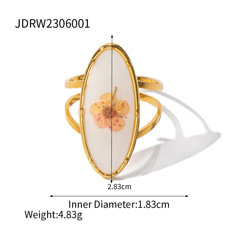 Light Cozy 18k Gold Plated Minimalist Polygonal Dry Flower Opening Ring Women Personalized Stainless Steel Statement Jewelry