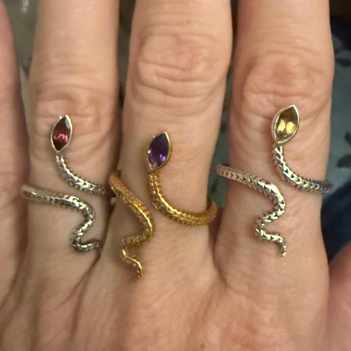 Gemstone Snake Ring - Sterling Silver or Gold Vermeil