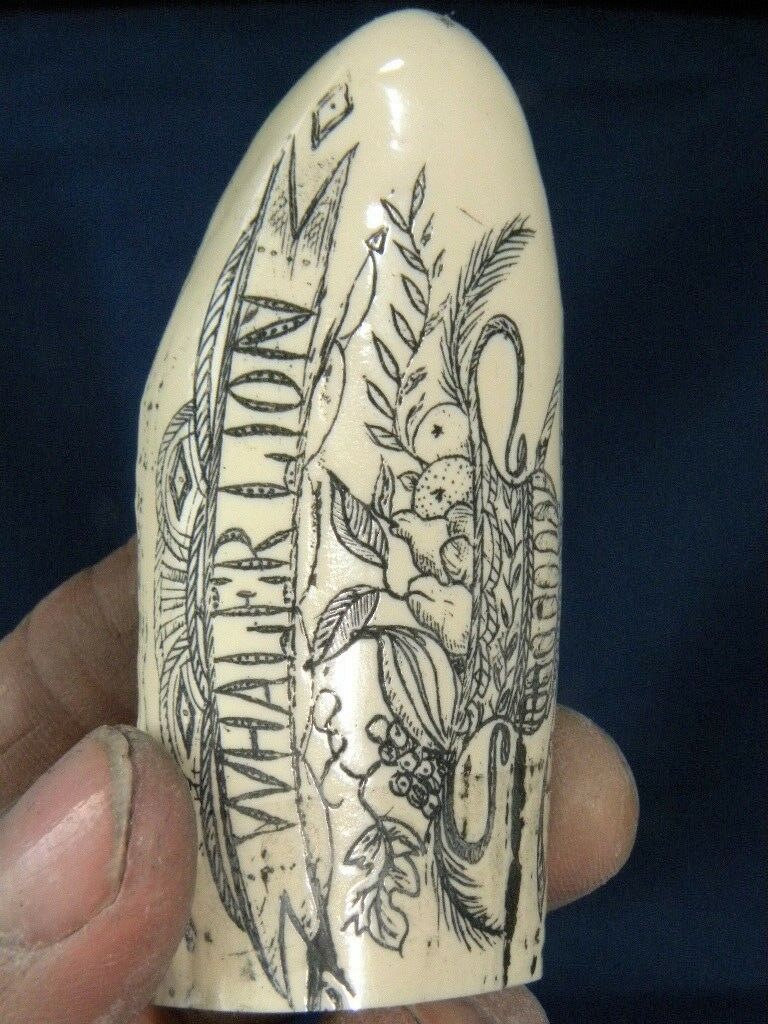 Sperm Whale Tooth Replica Scrimshaw 4 Inches Long Whaler Lion Resin Model
