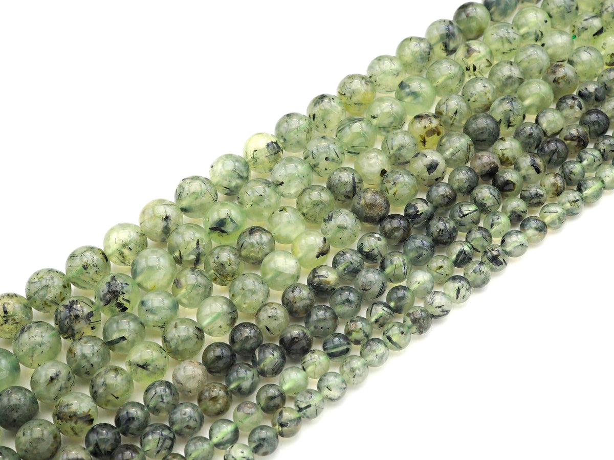 High Quality Tourmalated Prehnite Beads,6mm/8mm/10mm/12mm/14mm Round Smooth Beads, 15.5'' Full Strand, Sku#U1131