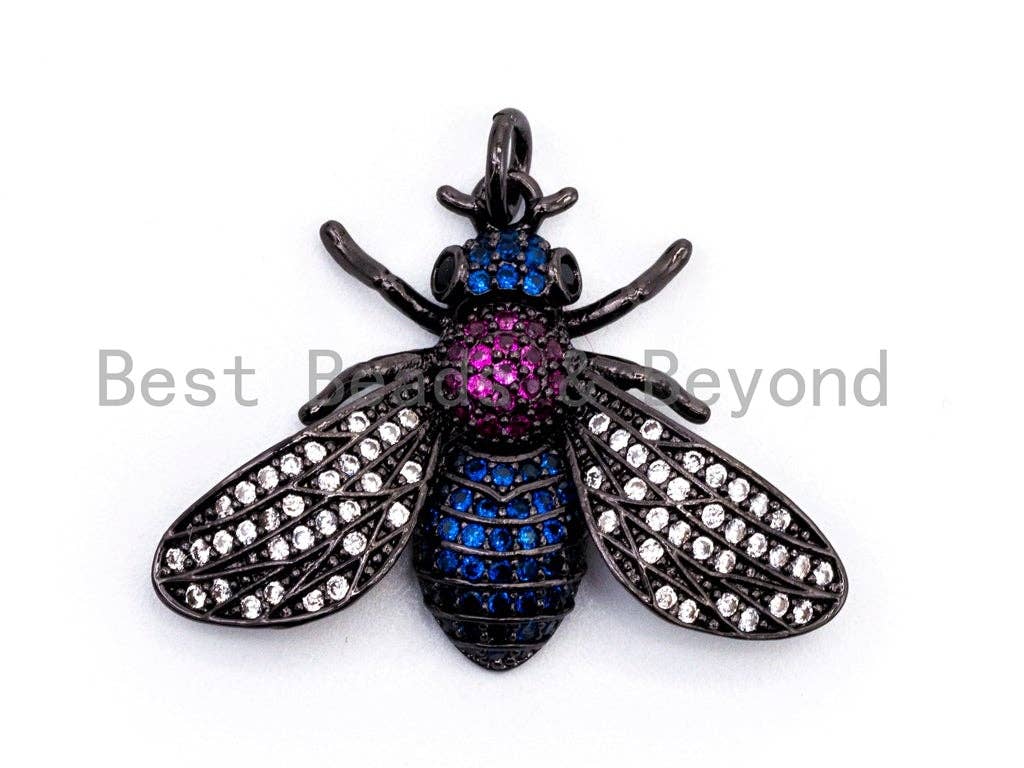 BEE Inspired Charm, CZ Micro Pave Multi Color Insect Pendant, Cubic Zirconia Pendant,Gold/Rose Gold/Silver/Black,21x29x5mm,SKU#F454