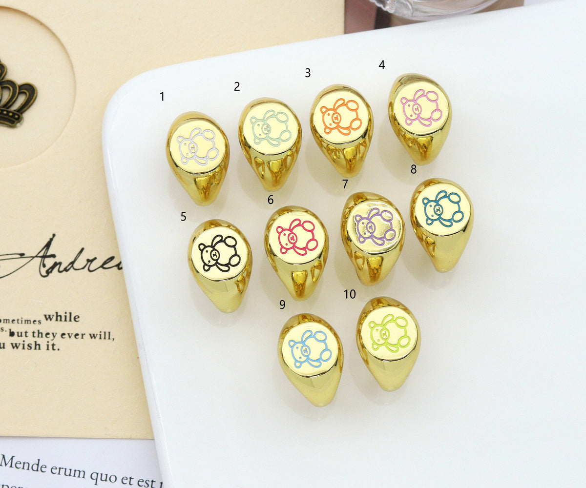 Enamel Bear On Round Adjustable Ring, Sku#X324
