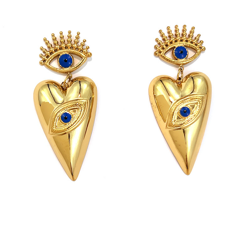 18k Gold-Plated Stainless Steel Dripping Oil Evil Eye Heart Earrings