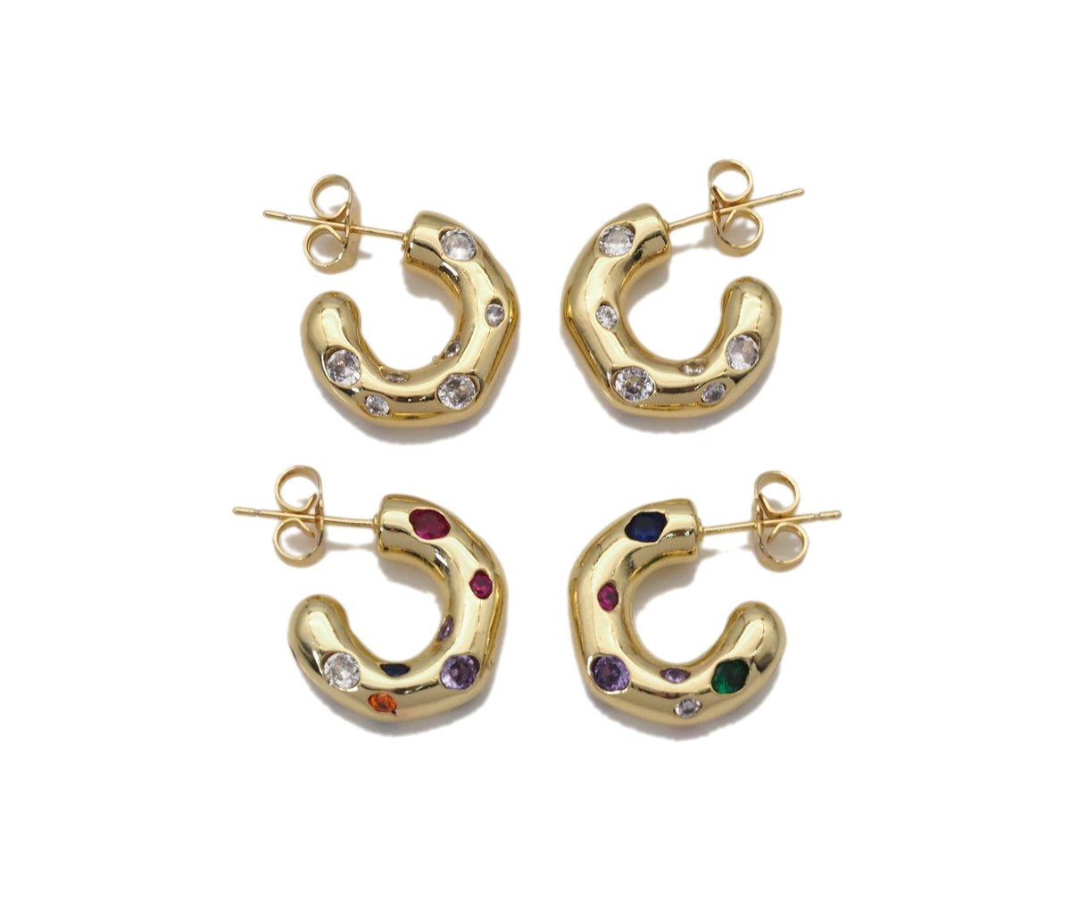 Rainbow Diamond CZ Thick Huggie Earrings, chunky earrings, Sku#LX189