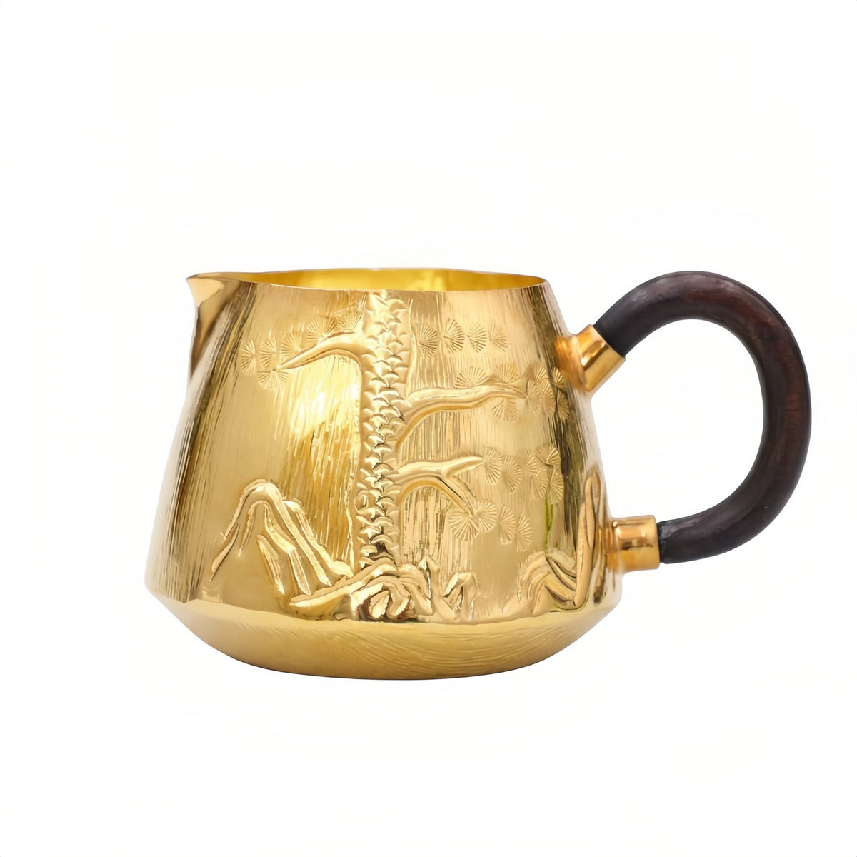 Pure 999 Fine Silver Elegant Handcrafted Gilded Pitcher Featuring Embossed Pine and Mountain Landscape with Dark Wood Handle - Handicraft