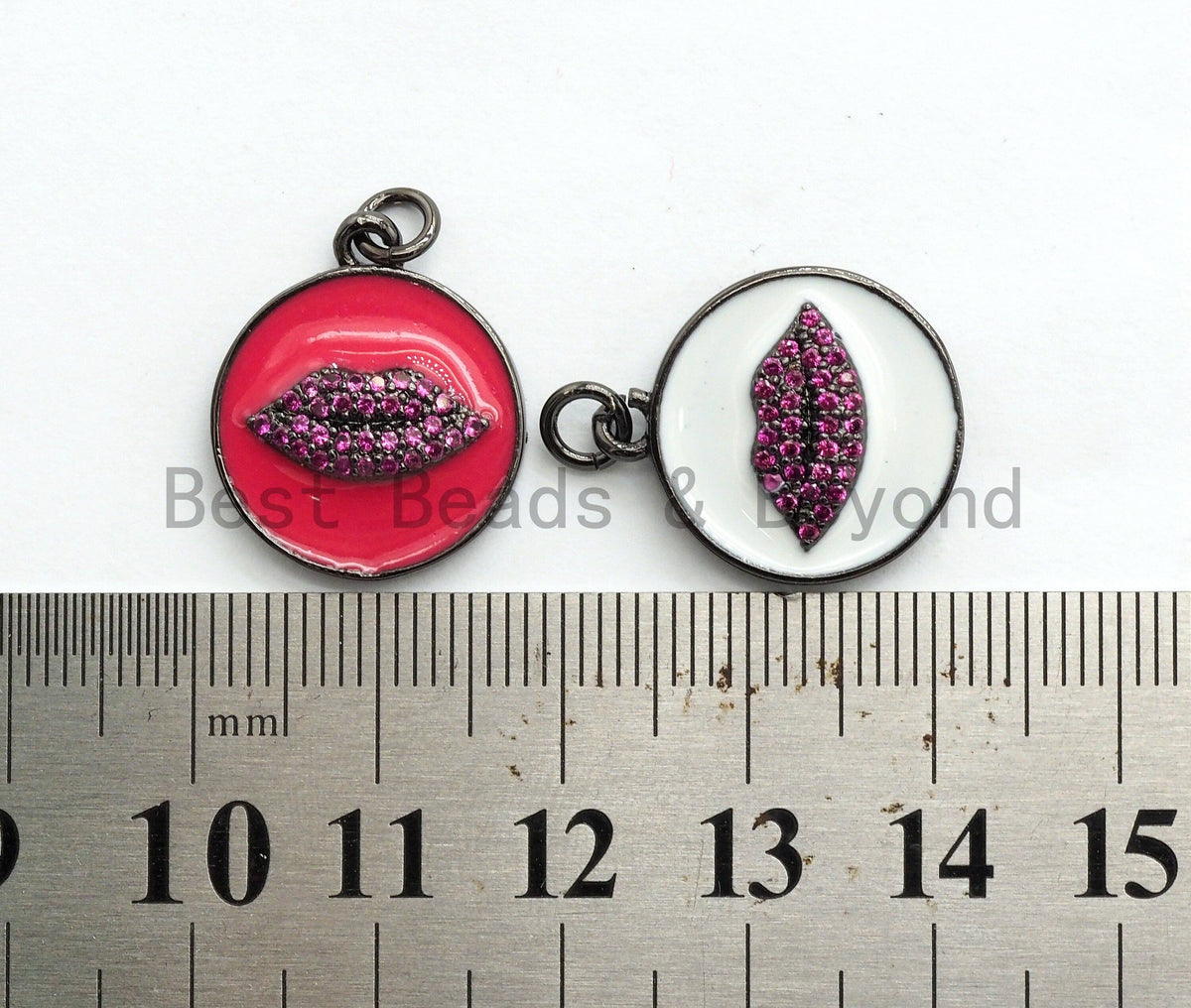 NEW Colorful Oil Dropped Round Charm with  Fuchsia Lip, Enamel Gunmetal Pendant Charms, Enamel Oil Drop CZ Charm, Lip Charm,17x20mm,sku#F563